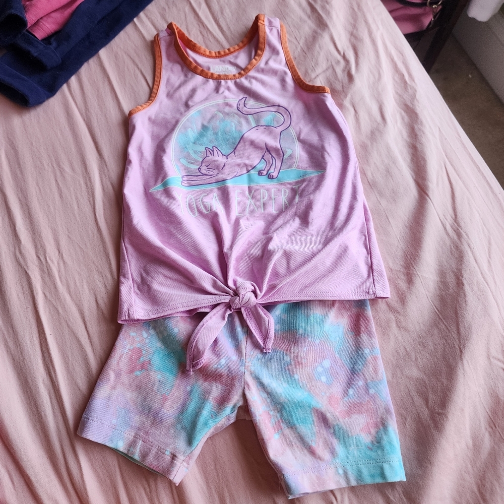 2T-3T Lands End Pink yoga expert cat tank & Watercolor bike shorts